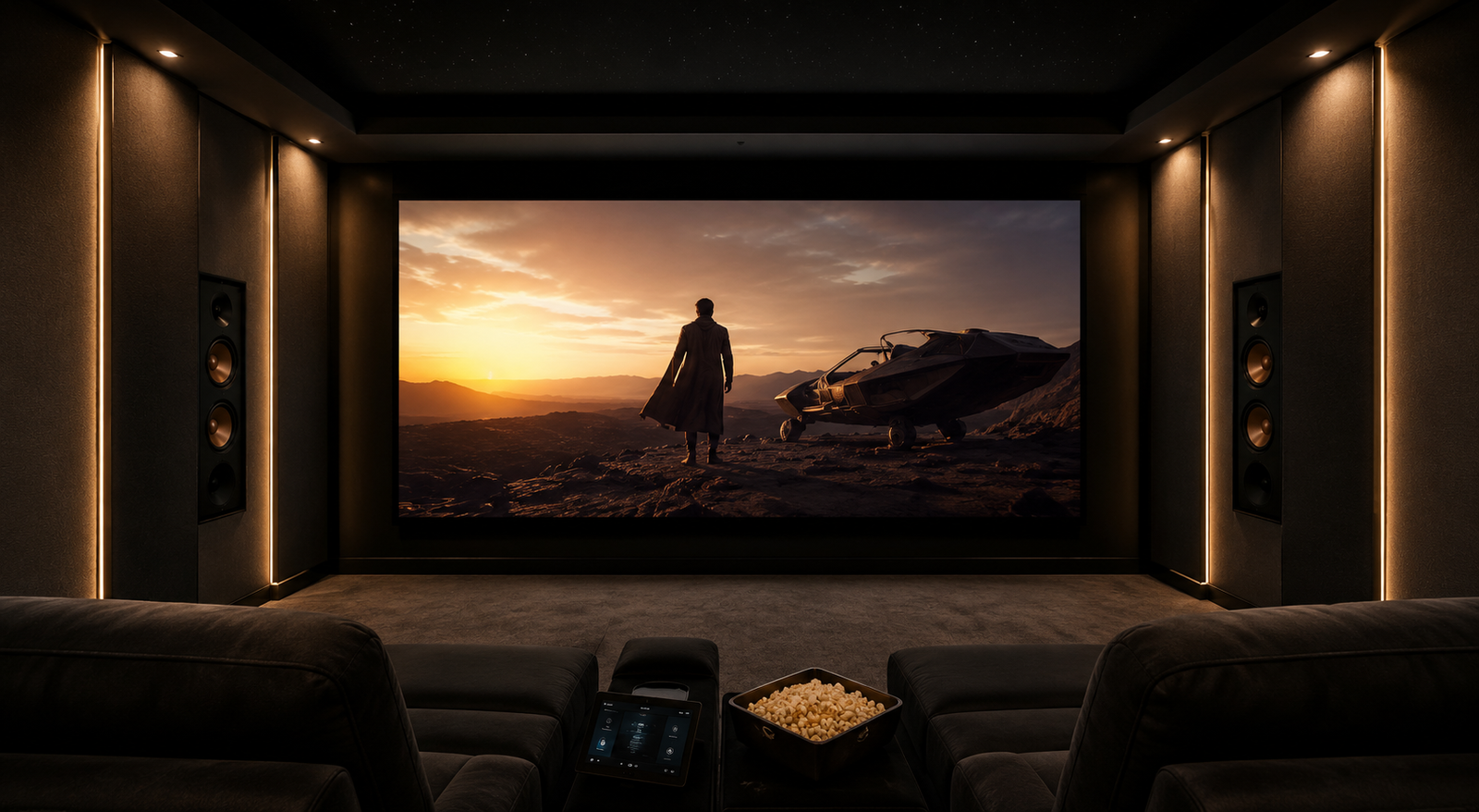 Salle de cinéma privée résidentielle avec projection grand format et enceintes intégrées