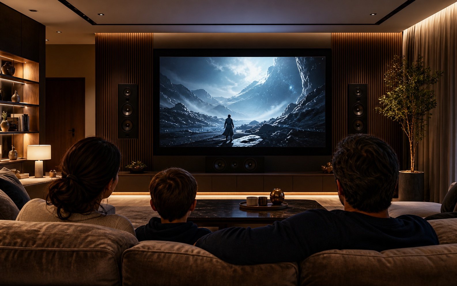Petite famille regardant un film dans un salon home cinéma avec enceintes installées